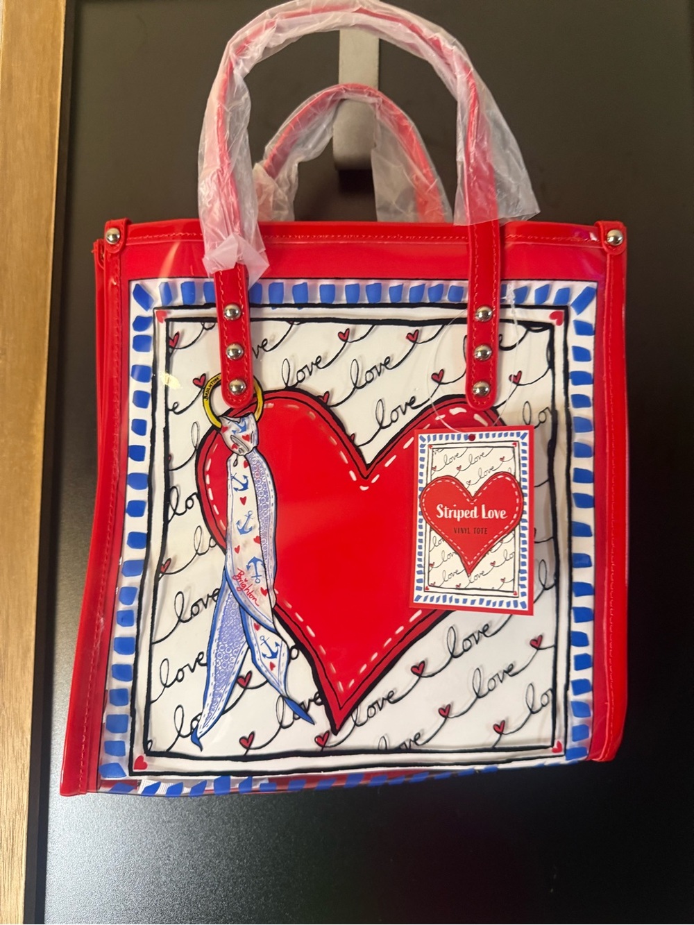 NWT Brighton Striped Love Heart Print Tote Bag Red White Blue Inner Pockets